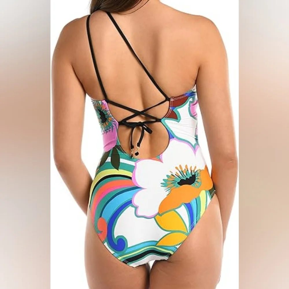 La Blanca Suncatcher One-Shoulder Lace-Up Back One-Piece Floral Multi Size 6 - Picture 3 of 13